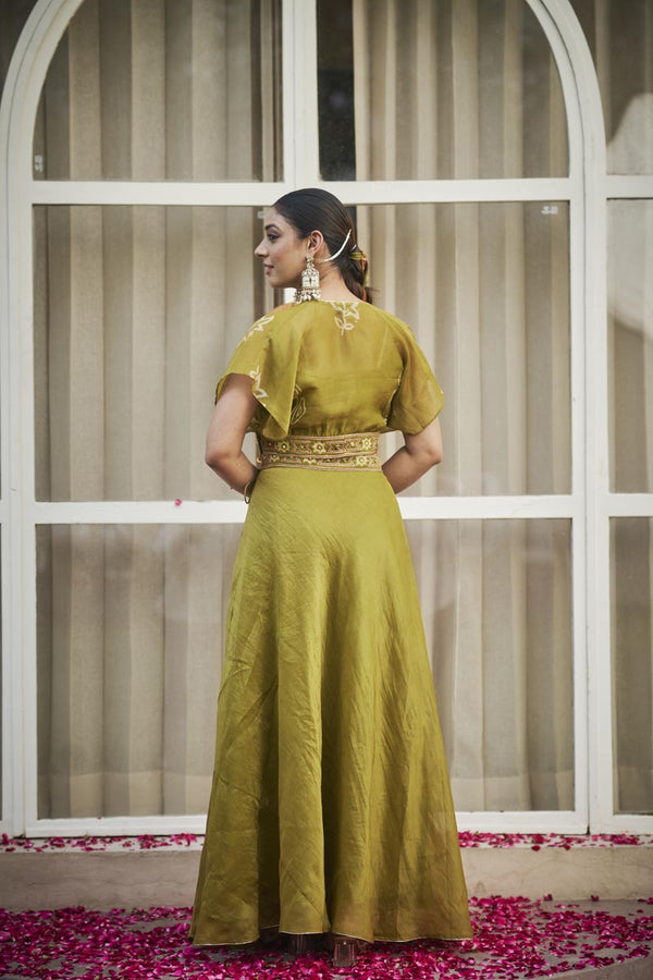 Lime Green Bustier + Palazzo + overlap cape top | TCT-868