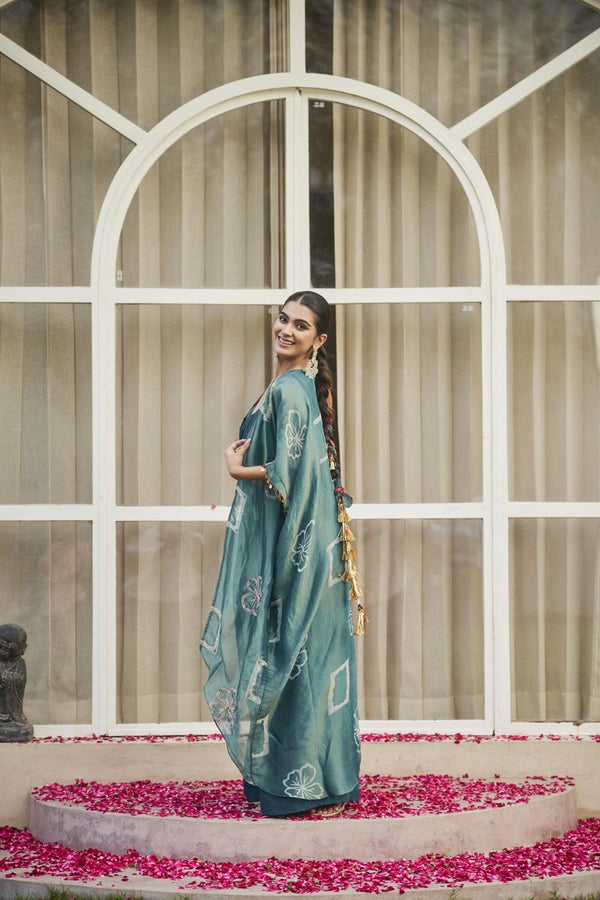 Sea blue bustier + flared palazzo + cardigan | TCT-827