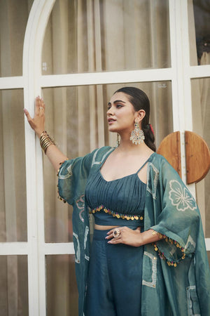 Sea blue bustier + flared palazzo + cardigan | TCT-827