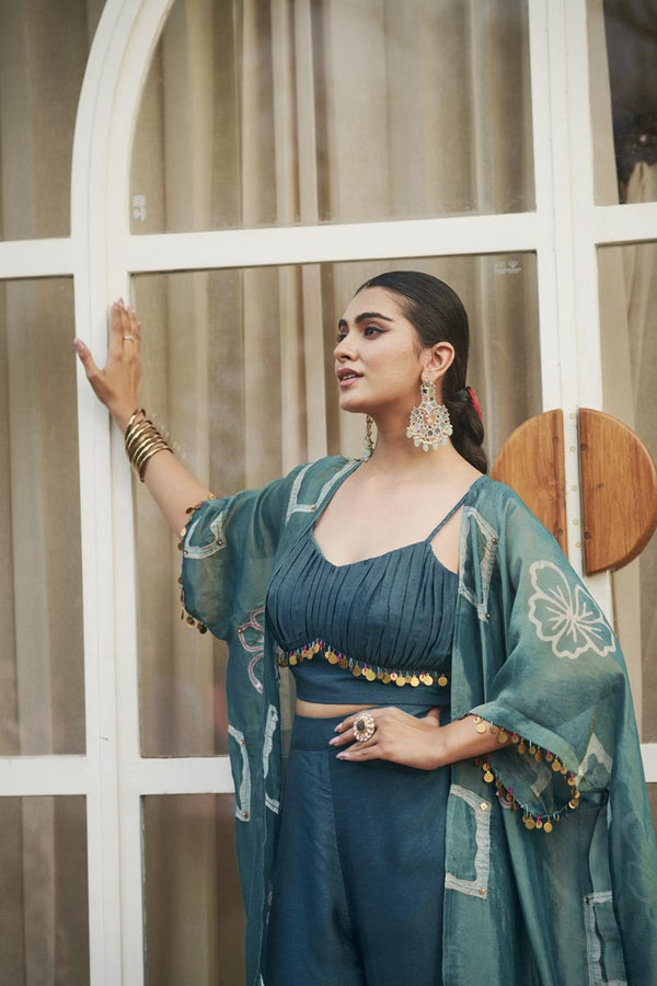 Sea blue bustier + flared palazzo + cardigan | TCT-827