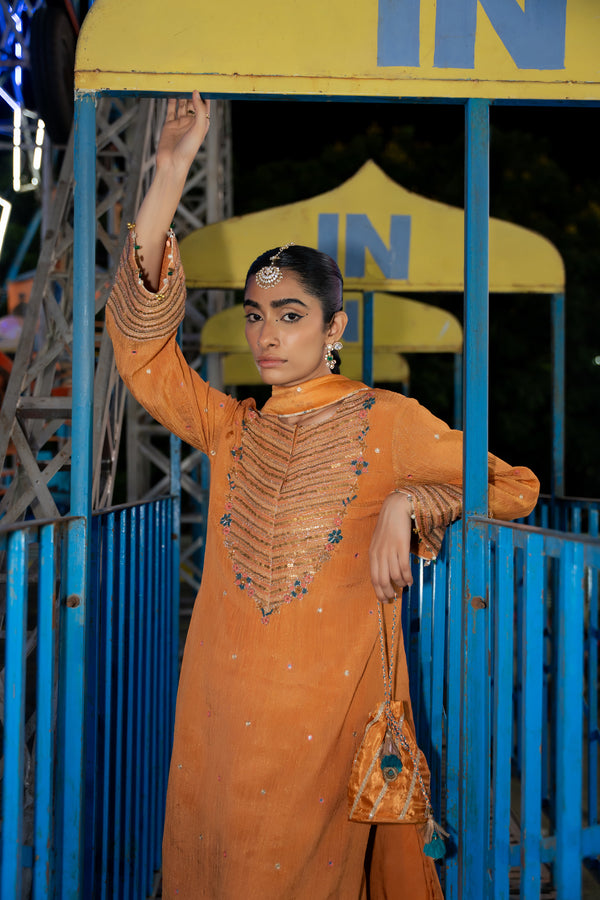 TCT-3016 | Orange Kurta paired with Flared Pants and Dupatta