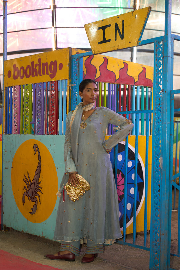 TCT - 3013 | Blue V-Neck flared kurta paired with straight pants and Dupatta