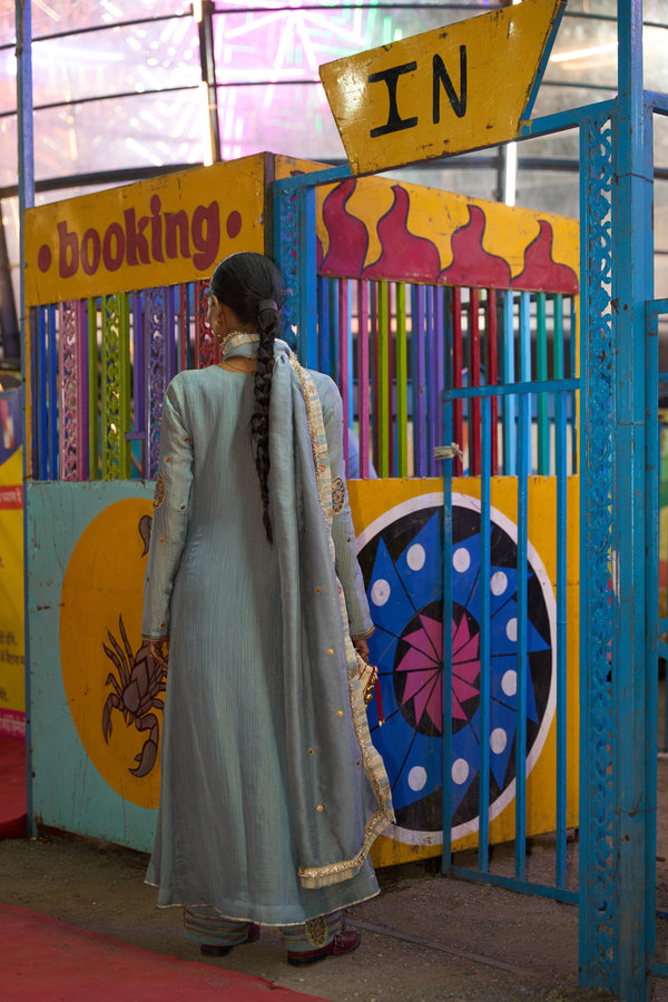 TCT - 3013 | Blue V-Neck flared kurta paired with straight pants and Dupatta