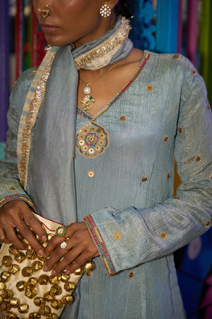 TCT - 3013 | Blue V-Neck flared kurta paired with straight pants and Dupatta