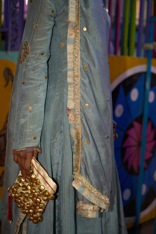 TCT - 3013 | Blue V-Neck flared kurta paired with straight pants and Dupatta