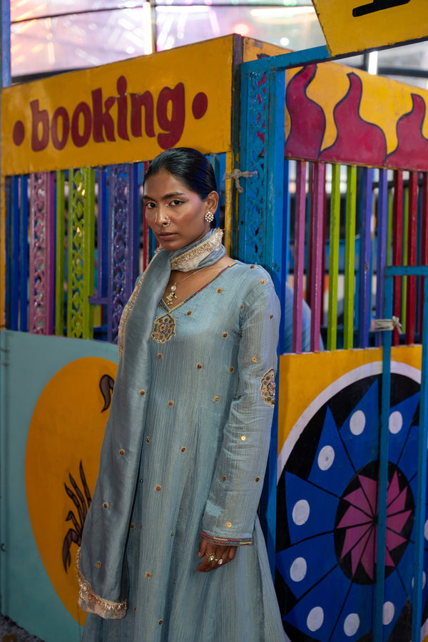 TCT - 3013 | Blue V-Neck flared kurta paired with straight pants and Dupatta