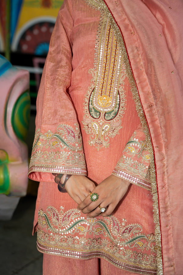 TCT-3014 | Peach Kurta paired with Farsi Pants and Dupatta