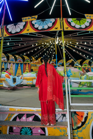 TCT-3001 | Red V-Neck Kurta Set