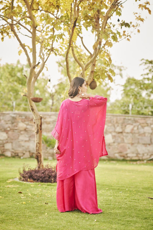 Fuschia Pink Bustier + Flared Plazzo + V-neck kaftan | TCT-843