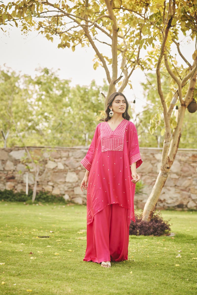Fuschia Pink Bustier + Flared Plazzo + V-neck kaftan | TCT-843