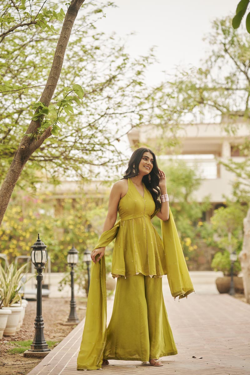 Green Halter Neck Top + Pants + dupatta | TCT-847