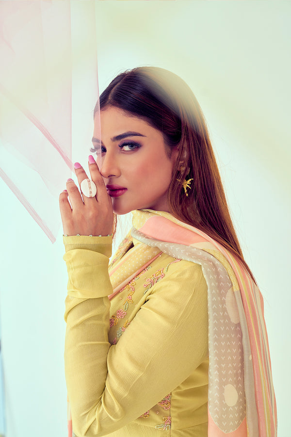 Yellow with Pastel work Kurta Set | TCT-740