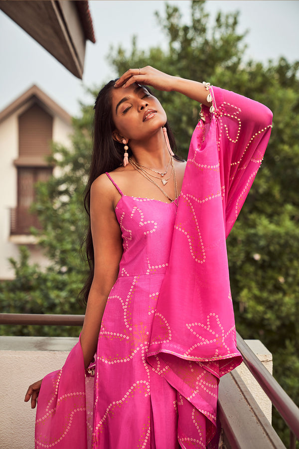 Pink Bandhani Jumpsuit with Cape | TCT-660