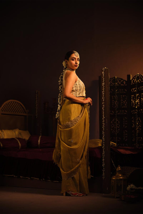 Cream Bustier with Drape Saree | TCT-763