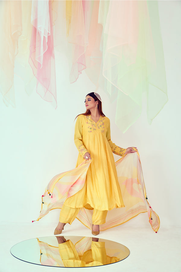 Yellow with Pastel work Kurta Set | TCT-735